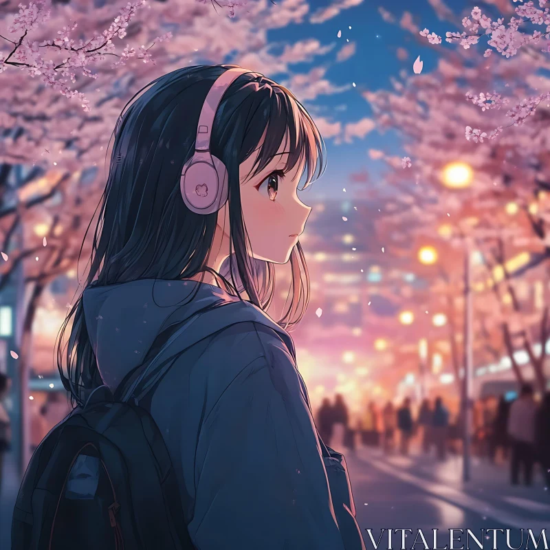 Serene Evening with Cherry Blossoms and Headphones AI Image