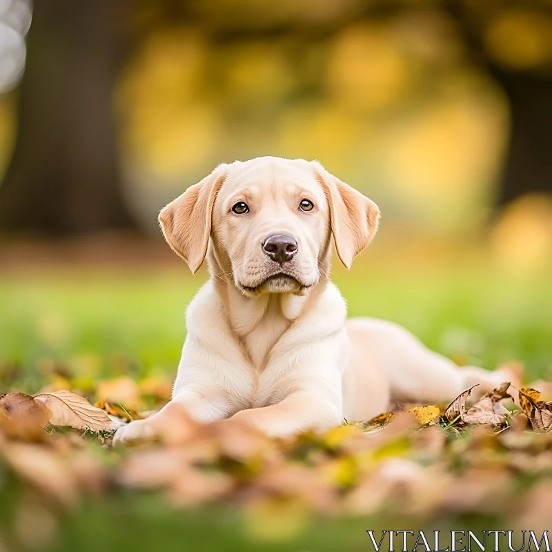 Cute Labrador Puppy Lying on Autumn Ground AI Image