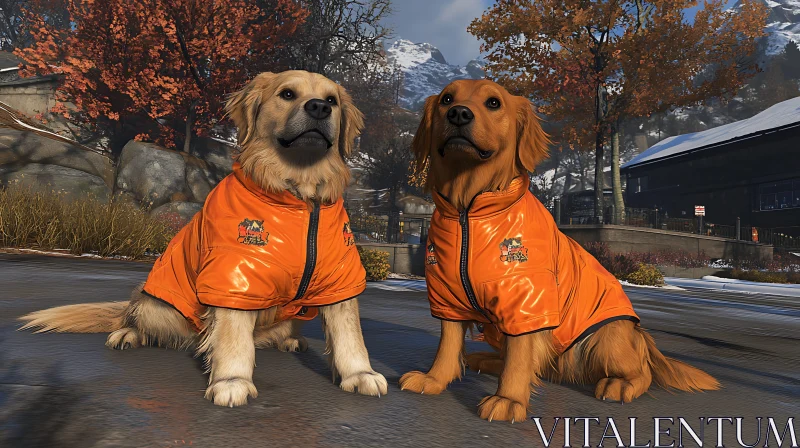 Autumn Outing with Golden Retrievers in Orange Jackets AI Image