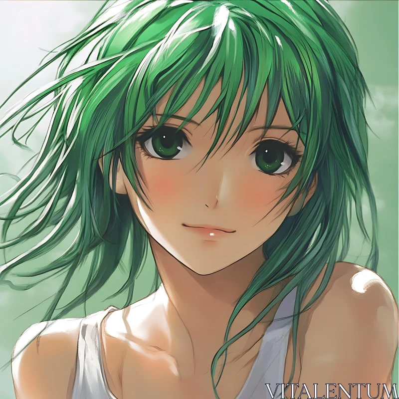 AI ART Green Hair Anime Girl Illustration