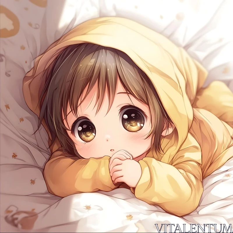 Cute Child in Yellow Hoodie on Bed AI Image