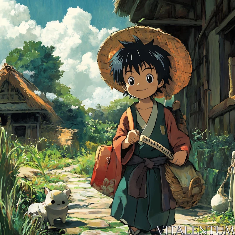 AI ART Anime Child Walking with Cat in Scenic Village