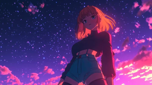 Young Girl in Anime Style Staring at Stars