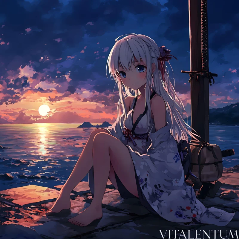 Calm Beach Sunset with Anime Character AI Image