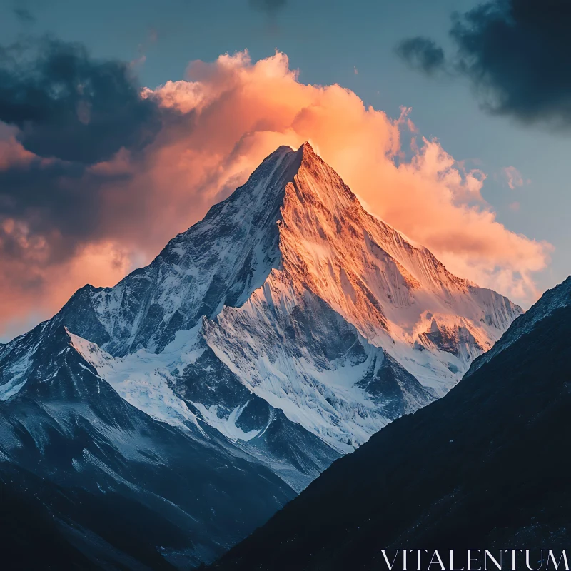 AI ART Mountain Sunset: A Snowy Peak