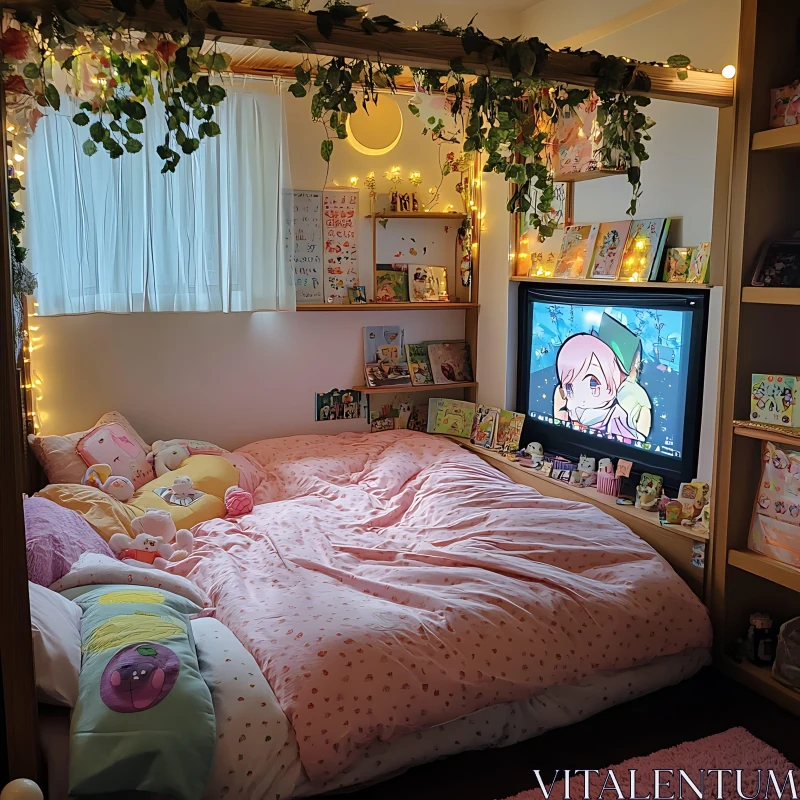 Warm and Inviting Bedroom with Anime and Plush Toys AI Image