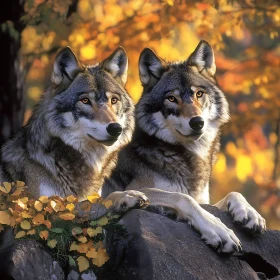 Two Wolves Resting in Fall