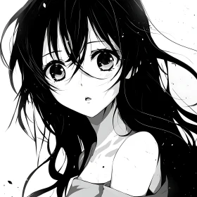 Anime Girl with Flowing Hair in Black and White