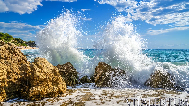 Seascape with Wave Crashing on Rocks AI Image