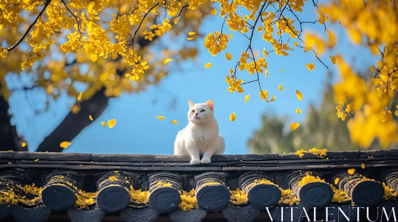 Peaceful White Cat with Falling Yellow Petals on Roof AI Image