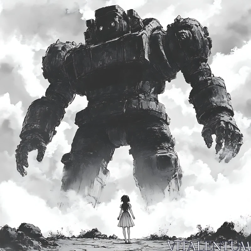 Monochrome Colossus and the Brave Girl AI Image