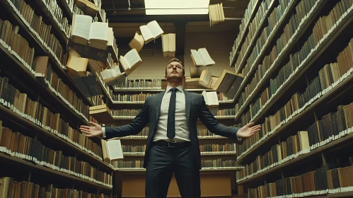 Man Surrounded by Floating Books