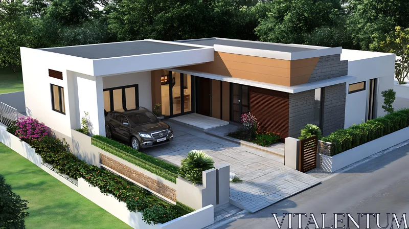 Contemporary Home with Flat Roof and Landscaping AI Image