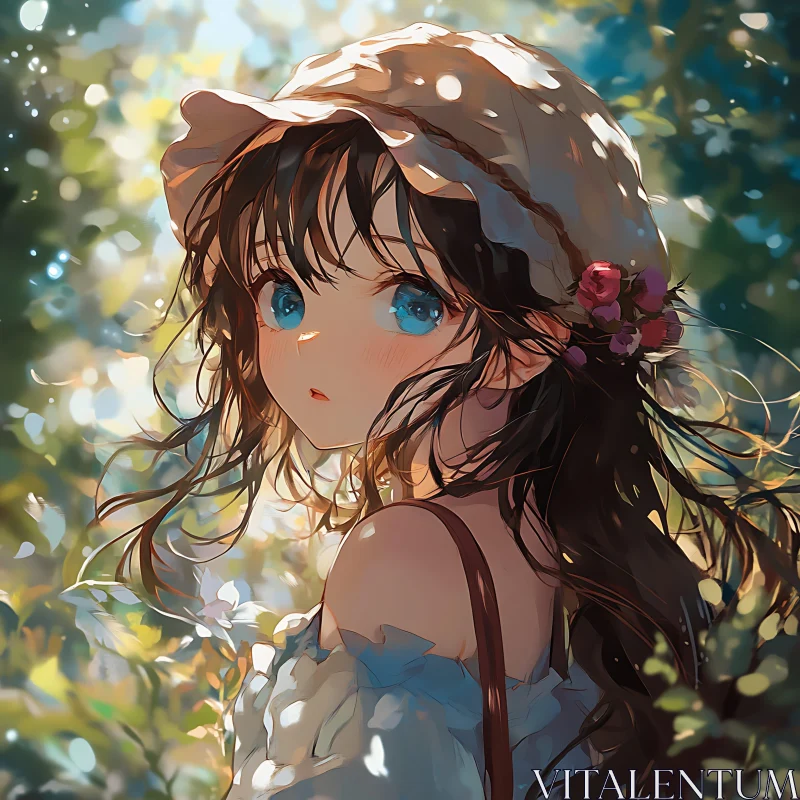 Sunlit Anime Girl with Flowers in Hat AI Image