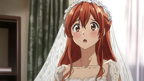 Surprised Anime Bride in Lace Dress