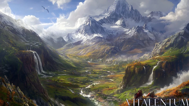 AI ART Serene Mountain Valley with Waterfalls