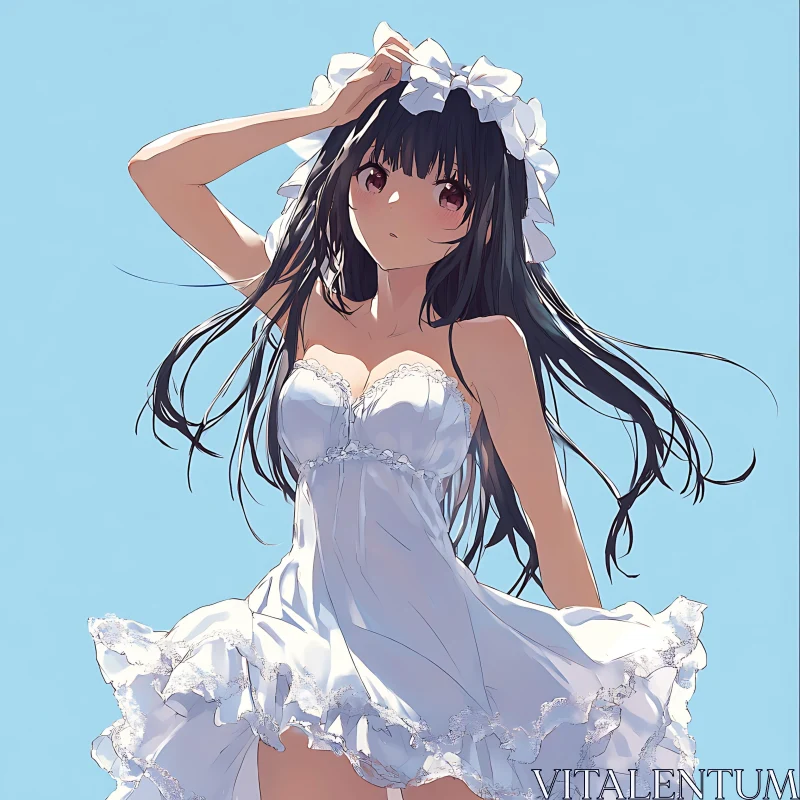 Contemplative Anime Girl in Frilly Dress AI Image