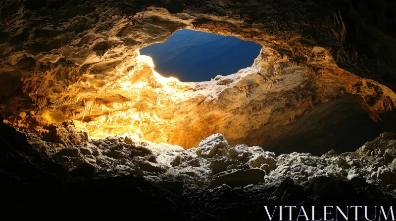 Sunlit Cave with Stalactites AI Image