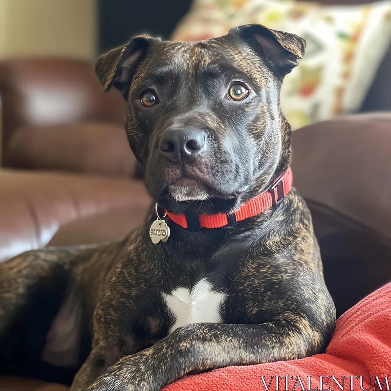 Adorable Brindle Dog in Red Collar AI Image