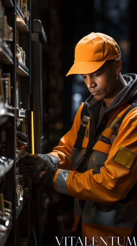 Industrial Worker in Atmospheric Portrait | Orange Safety Vest AI Image