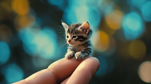 Cute Striped Kitten on Finger with Light Circles