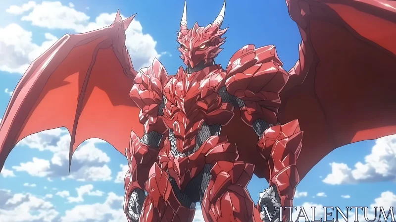 AI ART Red Armored Dragon with Majestic Wings in the Sky