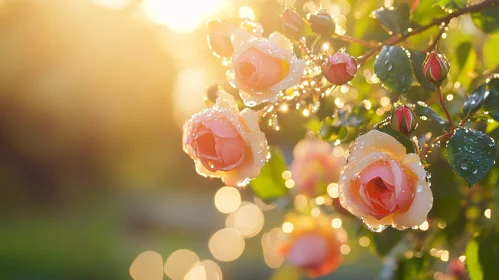 Dew-Kissed Pink Roses in Morning Light