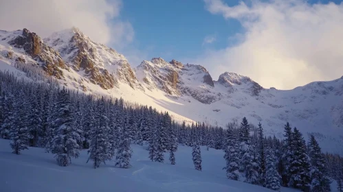 Snowy Mountain Vista with Pine Trees