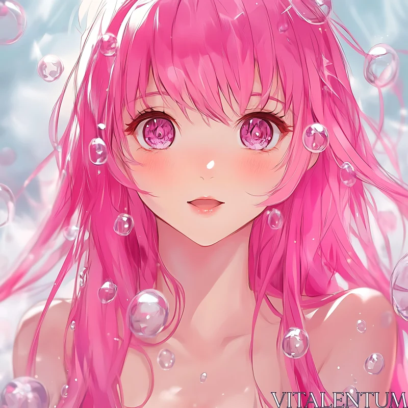 Pink-Haired Anime Girl Surrounded by Bubbles AI Image