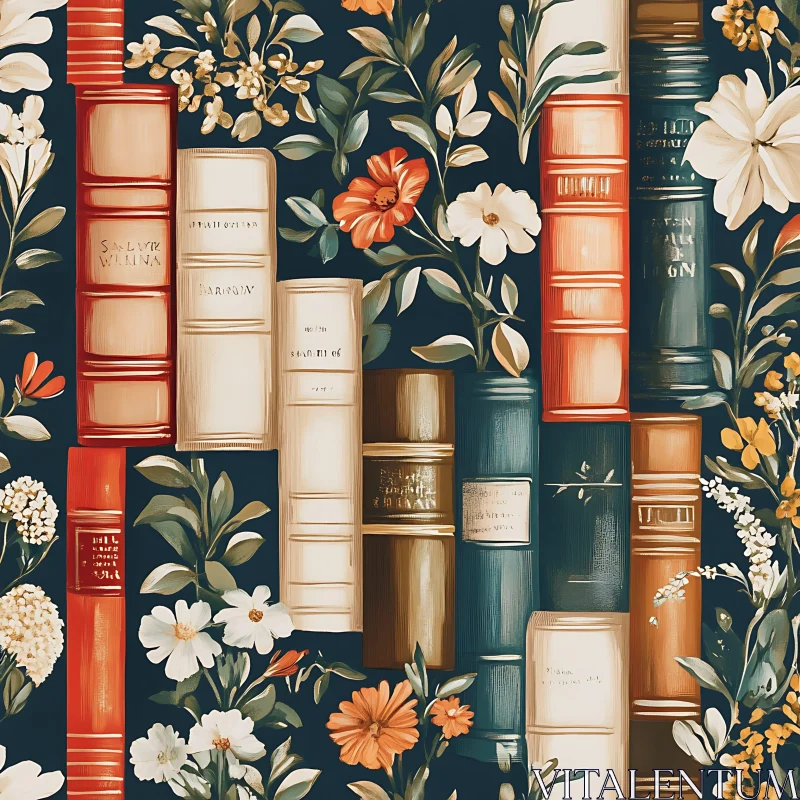 AI ART Vintage Books and Flowers Composition