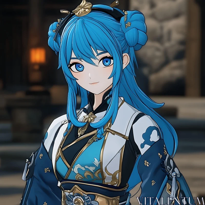 Traditional Anime Portrait with Blue-Haired Character AI Image