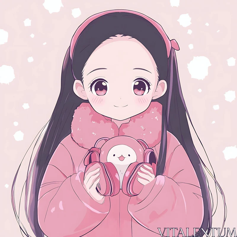 Anime Girl in Winter Attire with Penguin Headphones AI Image