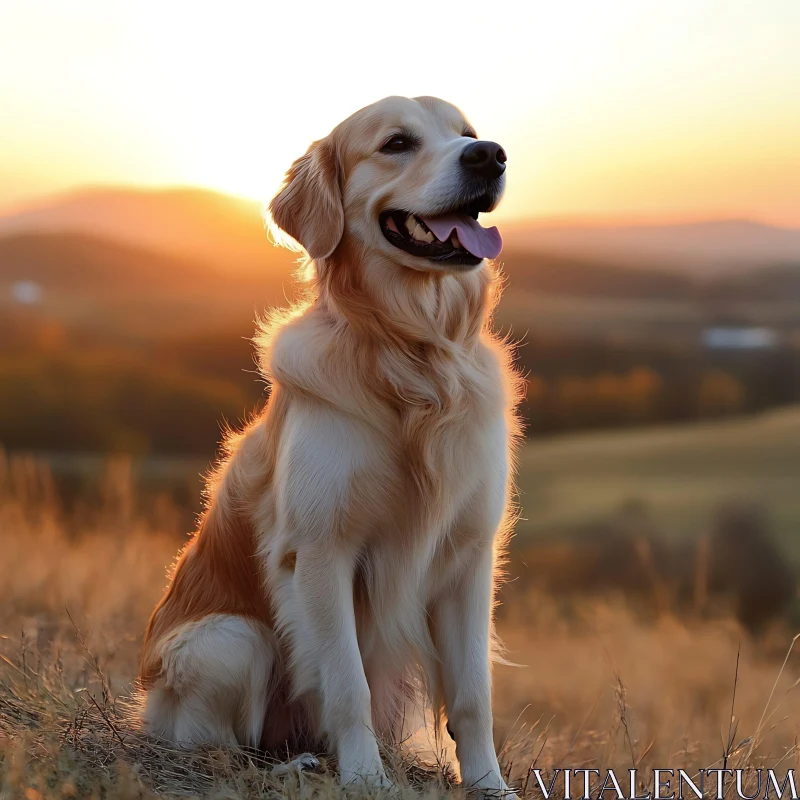 Golden Retriever in Sunset Landscape AI Image