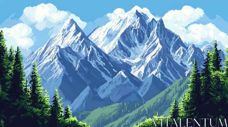 Snowy Peaks and Green Trees Pixel AI Image