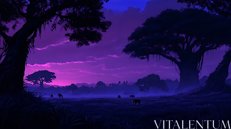 Purple Sunset Landscape with Animals AI Image