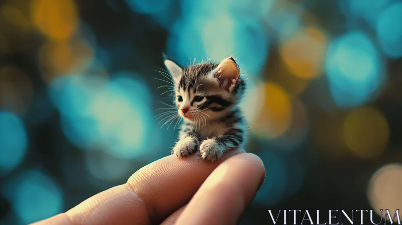 Cute Striped Kitten on Finger with Light Circles AI Image