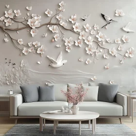 Chic Home Interior with Blossom and Bird Wall Art