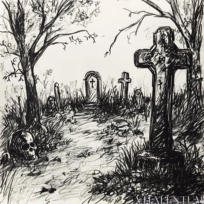 Gothic Graveyard Art with Skull AI Image