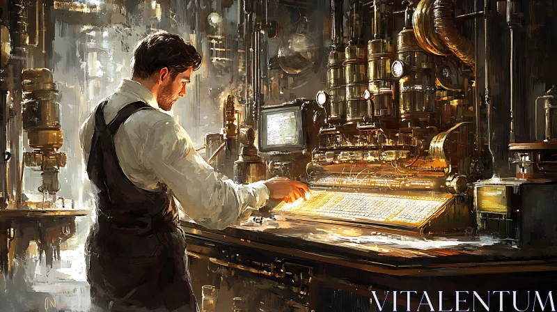 Man Operating Machine in Steampunk Lab AI Image