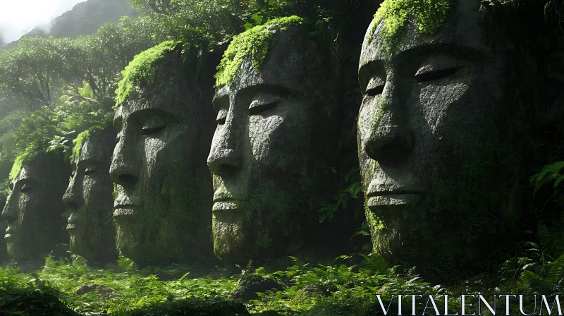 AI ART Moss-Covered Stone Faces in Tranquil Forest