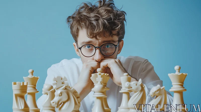 Man Concentrating on Chess Strategy AI Image