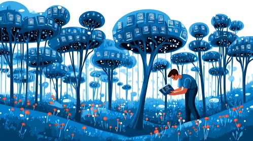 Man Reading in a Data Tree Forest