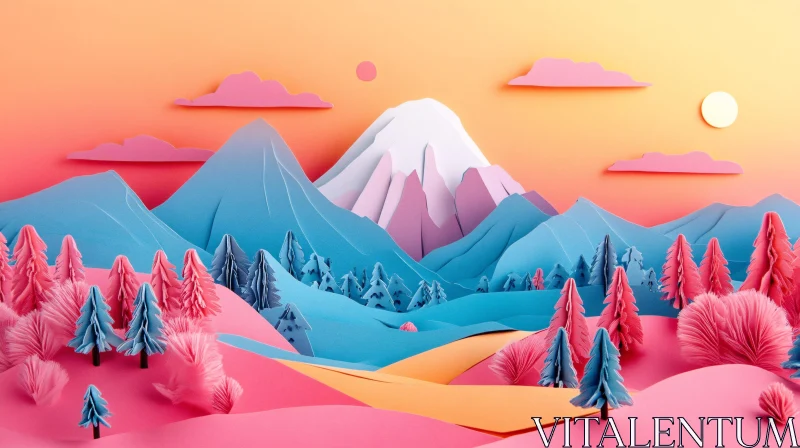 Colorful Paper Cut Mountain View AI Image