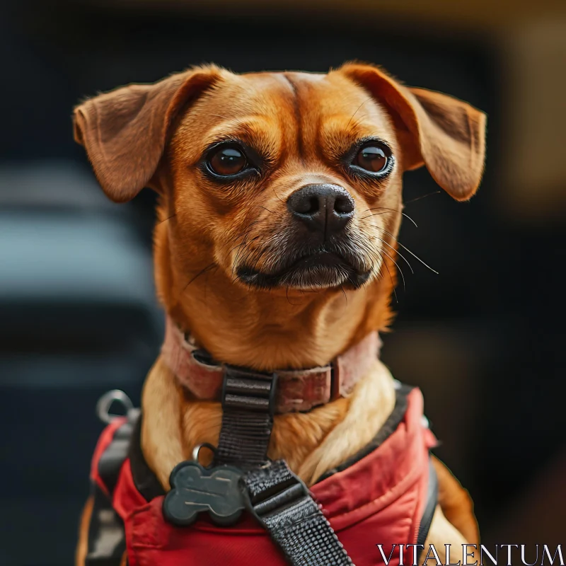 Expressive Small Dog Wearing Red Harness AI Image