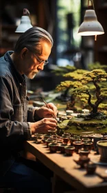 Bonsai Enthusiast at Work: Capturing the Art of Miniatures