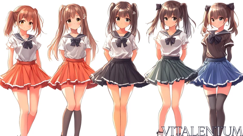 Adorable Anime Schoolgirls in Pleated Skirts AI Image