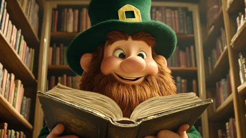 Charming Leprechaun Lost in a Book