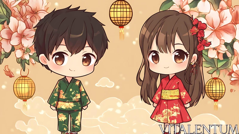 Endearing Chibi Characters in Floral Kimonos AI Image