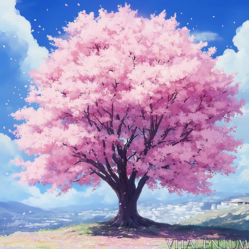 Blooming Pink Cherry Tree on a Hill AI Image