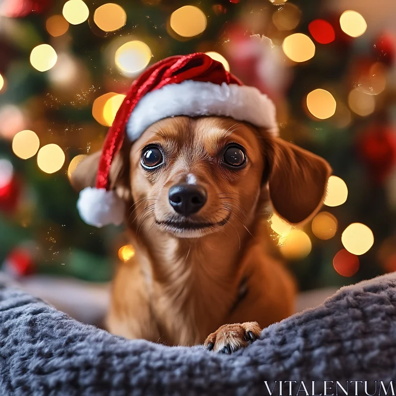 Festive Puppy Posing with Holiday Lights AI Image